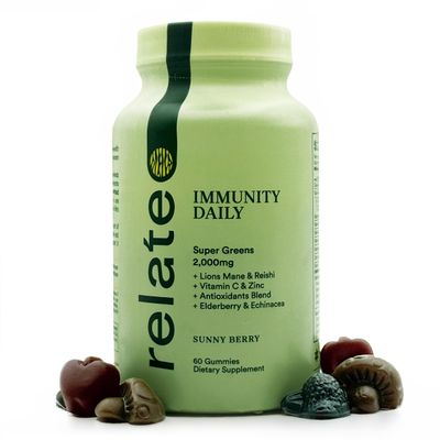 relate Immunity Daily Gummies - Super Greens, Lion&#39;s Mane Reishi, Vitamin C Zinc, Antioxidant Blend with Elderberry Echinacea - Sunny Berry Flavor, 60 Count