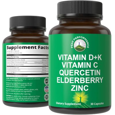 Immune Support Supplement with 6 Top Ingredients. Vitamin D3 K2 Vitamin C Elderberry Zinc Quercetin. Includes 5000 IU Vitamin D. Zinc 15mg. Immunity Capsules. Supplements for Women and Men