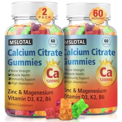 MSLOTAL Calcium Citarte Gummies, Calcium 1200mg with Vitamin D3, B6, B12, Magnesium Zinc Calcium Supplements for Women and Men, Support Bone Muscle Health, 120 Chews
