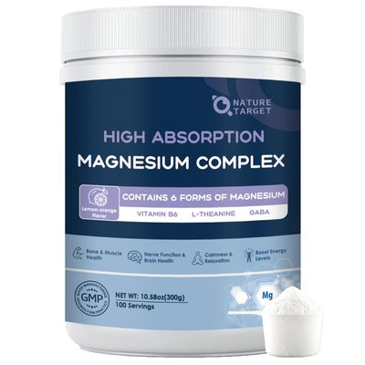 NATURE TARGET Magnesium Powder Supplement with Glycinate, Citrate, Malate, Magnesium Complex with L-Theanine Vitamin B6 for Muscle, Heart Brain, Vegan, 10.58 oz (100 Servings), Lemon Orange Flavor