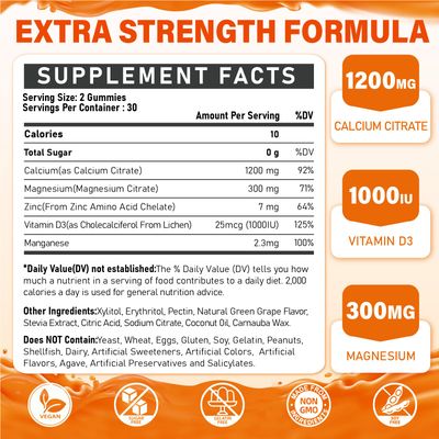 Calcium Citrate Supplement Gummies for Adult - Sugar Free Calcium Citrate 1200 Mg with Magnesium 300 Mg Vitamin D3 - Organic Chewable Calcium Supplements for Women Men