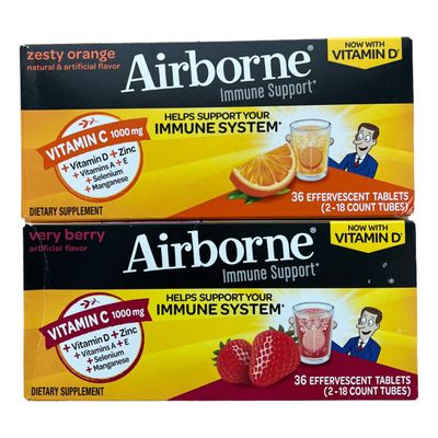 Generic Immune Support Vitamin c chewable Tablets Tablets - Boost Your Health with Airborne effervescent Tablets Zesty Orange Very Berry 36CT Each Combo 2PK