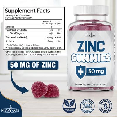 NEW AGE Zinc Gummies - 2 Pack - 50mg High Immune Booster Zinc Supplement, Immune Defense, Powerful Natural Antioxidant, Non-GMO - by New Age, 120 Count