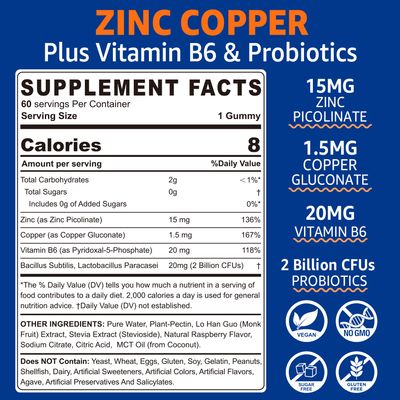 Zinc Gummies with Copper Probiotics, Vitamin B6 for Max Absorption, Zinc Supplements for Men and Women, Two Essential Minerals Balance Formula for Immunity and Gut Health, Vegan, Non-GMO, 120 Cts