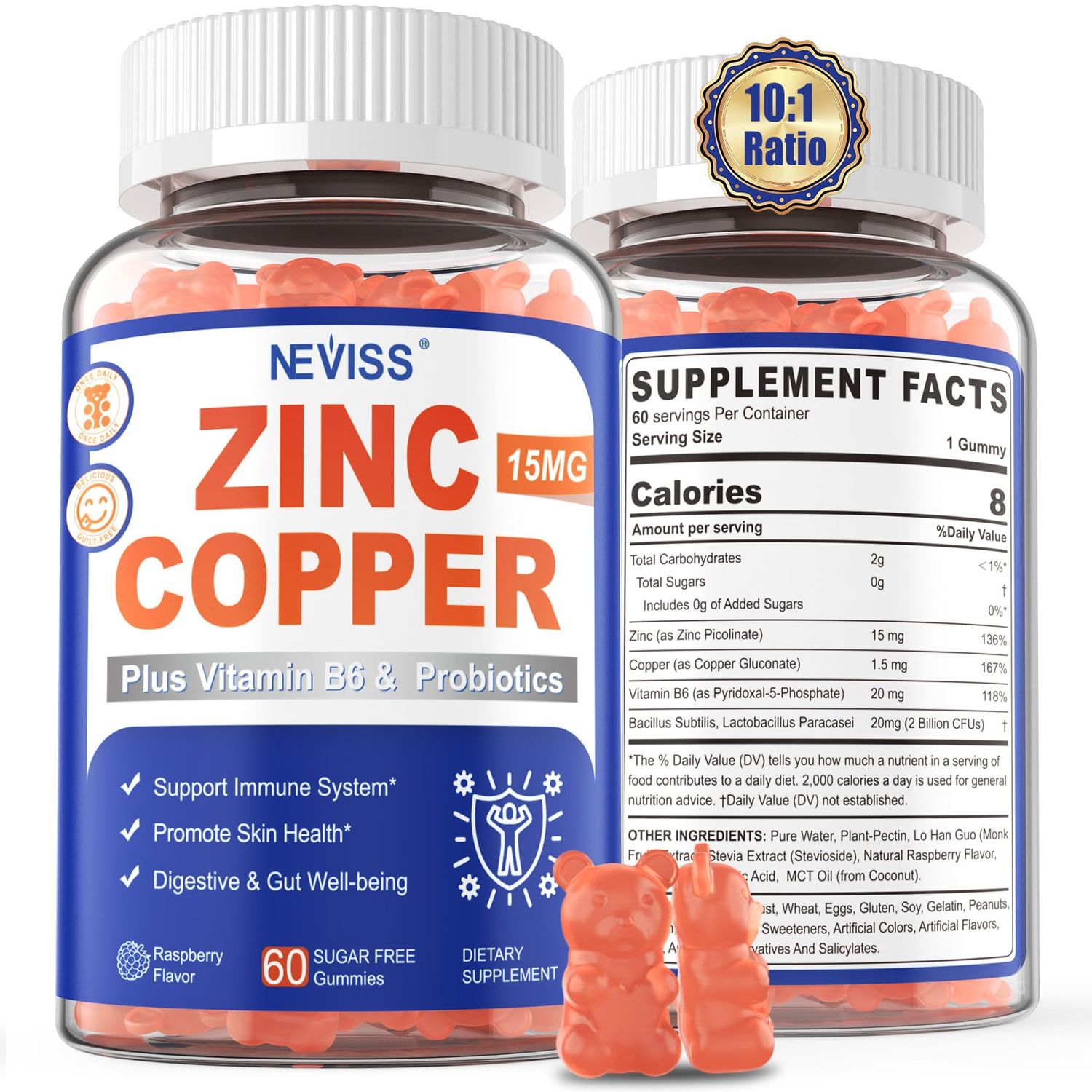 Zinc Gummies with Copper Probiotics, Vitamin B6 for Max Absorption, Zinc Supplements for Men and Women, Two Essential Minerals Balance Formula for Immunity and Gut Health, Vegan, Non-GMO, 120 Cts