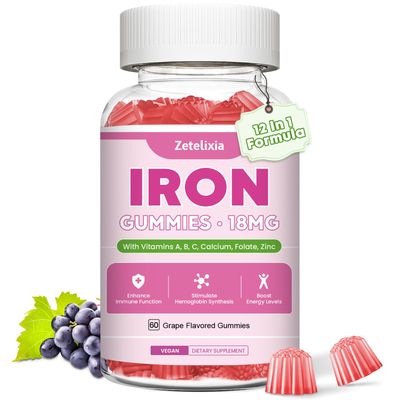 Vegan Iron Supplement Gummies for Women Men, Anemia, Blood Builder Energy Support for Iron Deficiency, with Vitamin C, A, B Complex, Folate, Beet Root, CoQ10, Zinc, Sugar Free, 60 Count