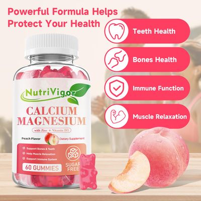 NutriVigor Calcium Gummies 600mg with Vitamin D3, Calcium Magnesium Zinc Gummies for Bone Immune Support, Calcium Supplement for Women Men, Sugar Free, Vegan, Peach Flavor, 60 Count