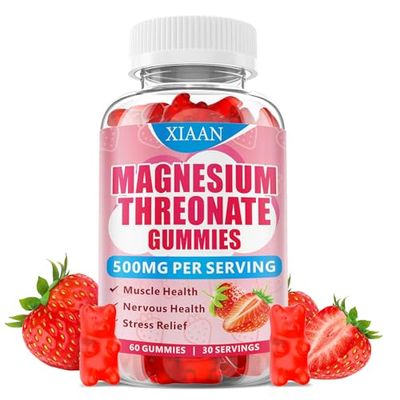 XIAAN Magnesium L-Threonate Gummies 500mg, Suagr-Free Magnesium Threonate Supplement for Kids Adults Muscle Nervous Health Support, Strawberry Flavor 60 Count