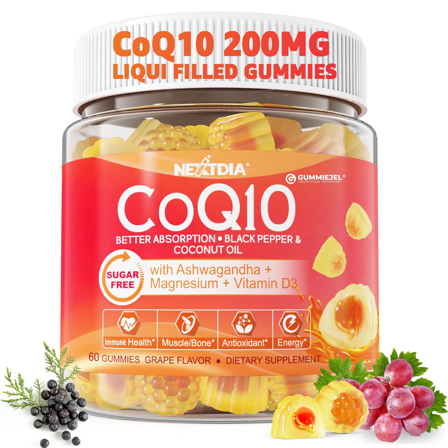 Nextdia CoQ10 Gummies - Sugar Free CoQ10 100mg 200mg Gummies for Adults, Coenzyme Q10 Supplement wMagnesium, Ashwagandha, Methyl Vitamins B9, B12, B6, D3-Energy, Antioxidant, Relax and Bone, 1pack