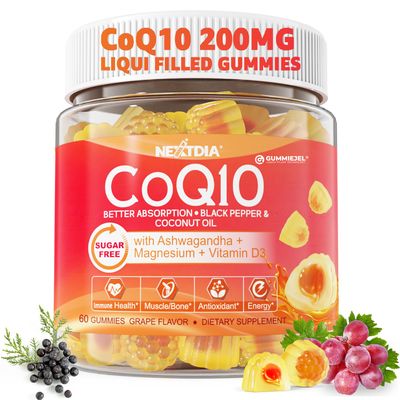 Nextdia CoQ10 Gummies - Sugar Free CoQ10 100mg 200mg Gummies for Adults, Coenzyme Q10 Supplement wMagnesium, Ashwagandha, Methyl Vitamins B9, B12, B6, D3-Energy, Antioxidant, Relax and Bone, 1pack