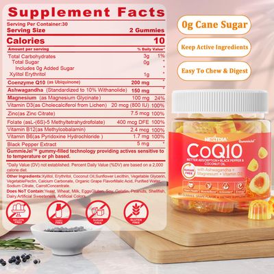 Nextdia CoQ10 Gummies - Sugar Free CoQ10 100mg 200mg Gummies for Adults, Coenzyme Q10 Supplement wMagnesium, Ashwagandha, Methyl Vitamins B9, B12, B6, D3-Energy, Antioxidant, Relax and Bone, 1pack