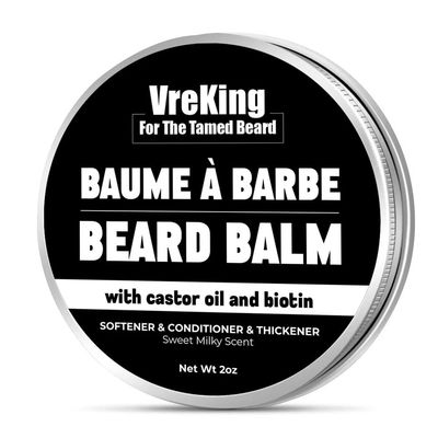 VreKing Biotin Beard Balm For Men With Castor Oil, Organic Mens Beard Balm, Beard Butter Leave In Conditioner, Beard Thickener Moisturizer Softener For Men Coarse Facial Hair, Milky, 60g