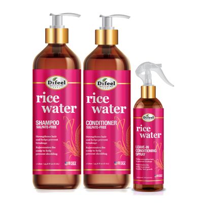 Difeel Rice Water Hair Care 3PC Shampoo Conditioner Leave in Set - Includes 33.8oz Shampoo, 33.8oz Conditioner, 8oz Leave in Spray