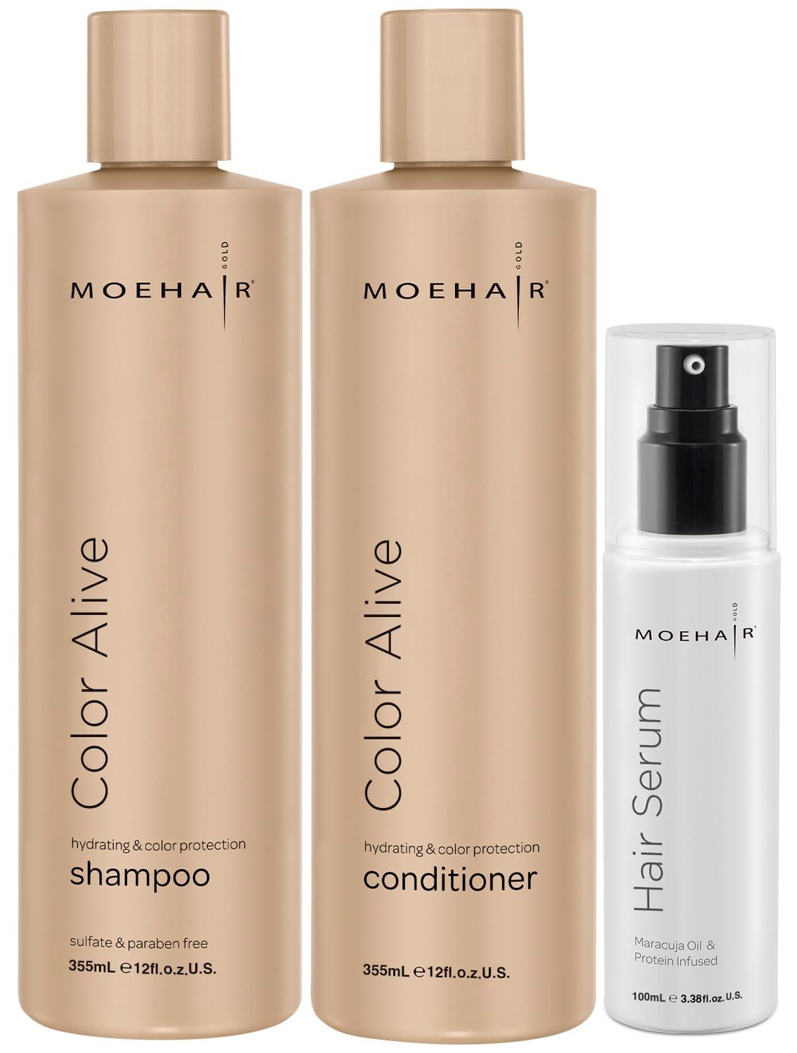 MOEHAIR Trio Kit (Color Alive Shampoo and Conditioner Set - 12 Fl. Oz and Hair Serum - 3.38 Fl. Oz), Combats Frizz Adds shine I Paraben Sulfate Free