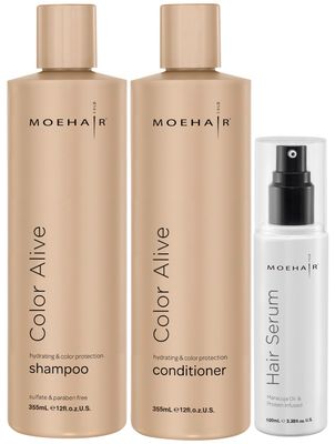 MOEHAIR Trio Kit (Color Alive Shampoo and Conditioner Set - 12 Fl. Oz and Hair Serum - 3.38 Fl. Oz), Combats Frizz Adds shine I Paraben Sulfate Free