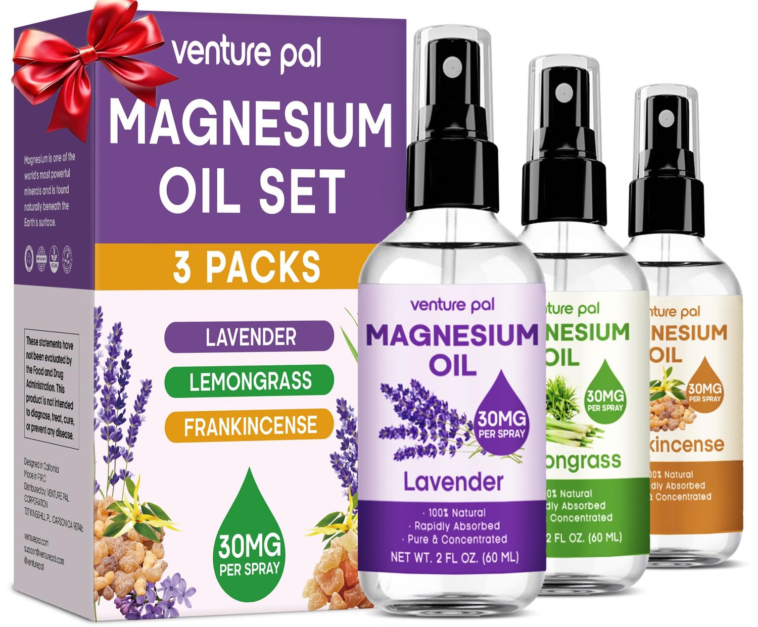 Venture Pal 3-Pack Topical Magnesium Oil Spray Set for Feet - Ideal Gift for Relaxation, Better Sleep, Muscle Relief for Legs Joints, Healthy Hair Skin. Fast Absorption, Non-Greasy