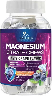 Magnesium Chews Supplement with High Absorption Magnesium Citrate for Heart, Bone, Muscle, Nerve Health Support, Calm Support Soft Chews, Vegan Chewable Gummies, Grape-Flavor - 60 Count per Pack