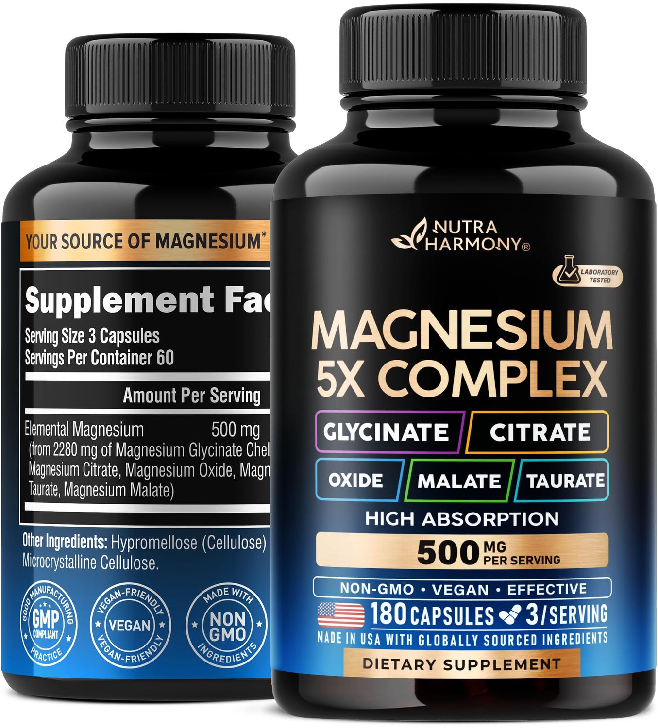 Magnesium Supplement - 5 in 1 Complex Glycinate Citrate Malate Taurate Oxide - Made in USA - Stress, Muscle Heart Support - Vegan, Natural, Non-GMO - 180 Capsules, 2 Month Supply