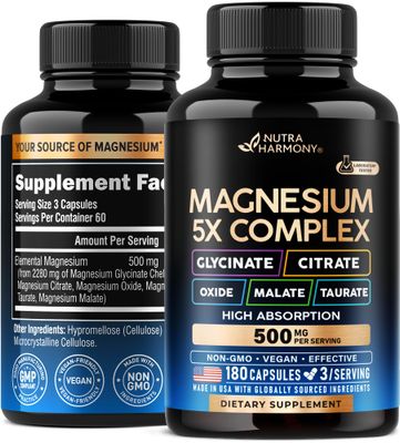 Magnesium Supplement - 5 in 1 Complex Glycinate Citrate Malate Taurate Oxide - Made in USA - Stress, Muscle Heart Support - Vegan, Natural, Non-GMO - 180 Capsules, 2 Month Supply