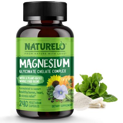 NATURELO Magnesium Glycinate Chelate Complex - 200 mg Magnesium with Organic Vegetables to Support Sleep, Calm, Muscle Cramp Stress Relief - Gluten Free, Non GMO - 240 Capsules