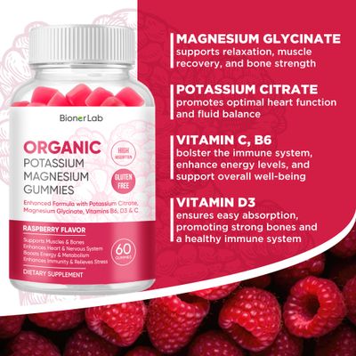 Potassium Magnesium Gummies with Vitamin D3 B6 C - High Absorption Potassium 99mg Magnesium Glycinate 250mg Chewable Supplements for Women Men Adults Kids