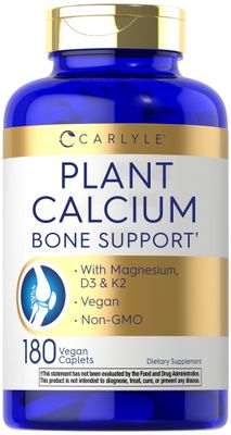 Carlyle Plant Based Calcium with Vitamin K2, D3, Magnesium 180 Vegan Caplets Bone Strength Supplement Non-GMO, Gluten Free