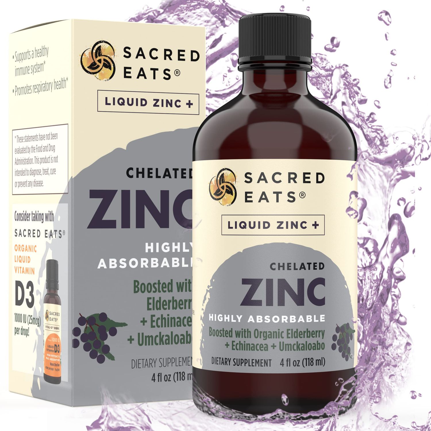 Liquid Zinc (Glycinate Chelate) with Organic Elderberry Echinacea (High in Quercetin) 4-in-1 Immune Suport Supplement for Adults Kids, Great Tasting Alcohol Gluten Free, Non GMO (4.0 Oz)