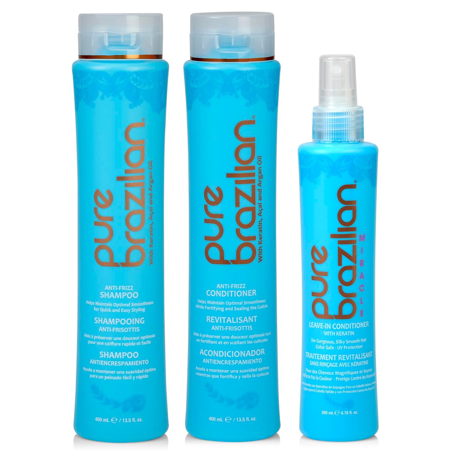 Pure Brazilian 3-Piece Daily Essentials Kit: Anti-Frizz Shampoo, Conditioner Miracle Leave-In Conditioner with Keratin, Cocoa Butter Bulgarian Rose Wate