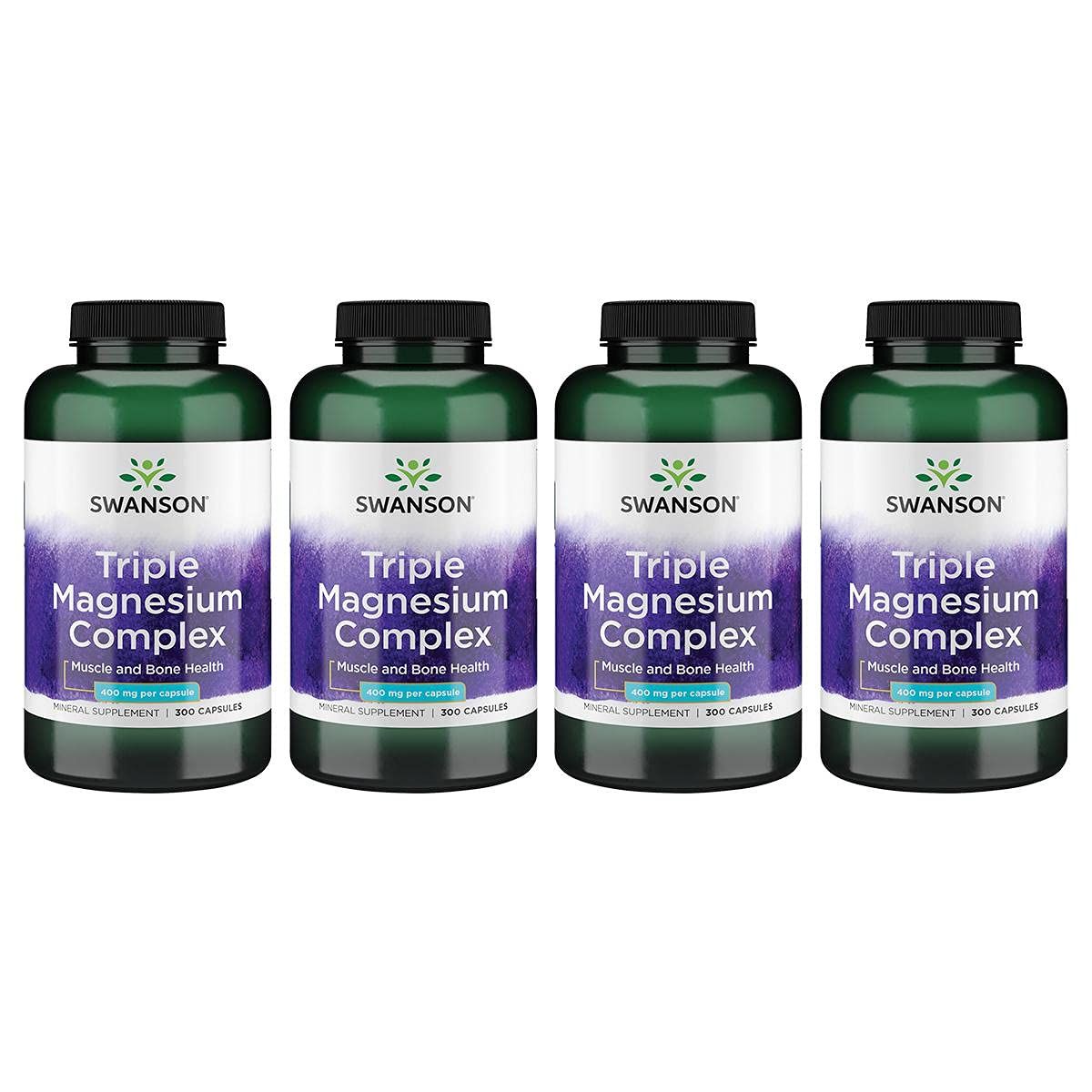 Swanson Triple Magnesium Complex - Mineral Supplement - Natural Support - Featuring Citrate, Oxide Aspartate - (300 Capsules, 400mg Each,) (4 Pack)