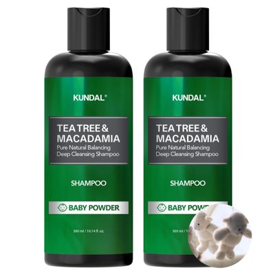 KUNDAL Tea Tree Macadamia Deep Cleansing Shampoo - Korean Hair Care, Scalp Care, Tea Tree extract, For All hair Types 10.14fl oz each (Pack of 2) (Baby Powder)