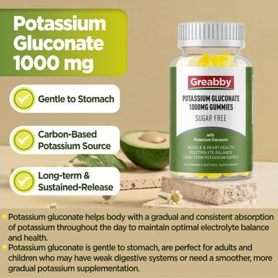 Potassium Gluconate 1000 mg Gummies, Sugar Free for Women Men Adults, Support Muscle Cramps Heart Health, Chewable Potassium Supplement, Lemon Flavor, Vegan Source, 60 Gummies