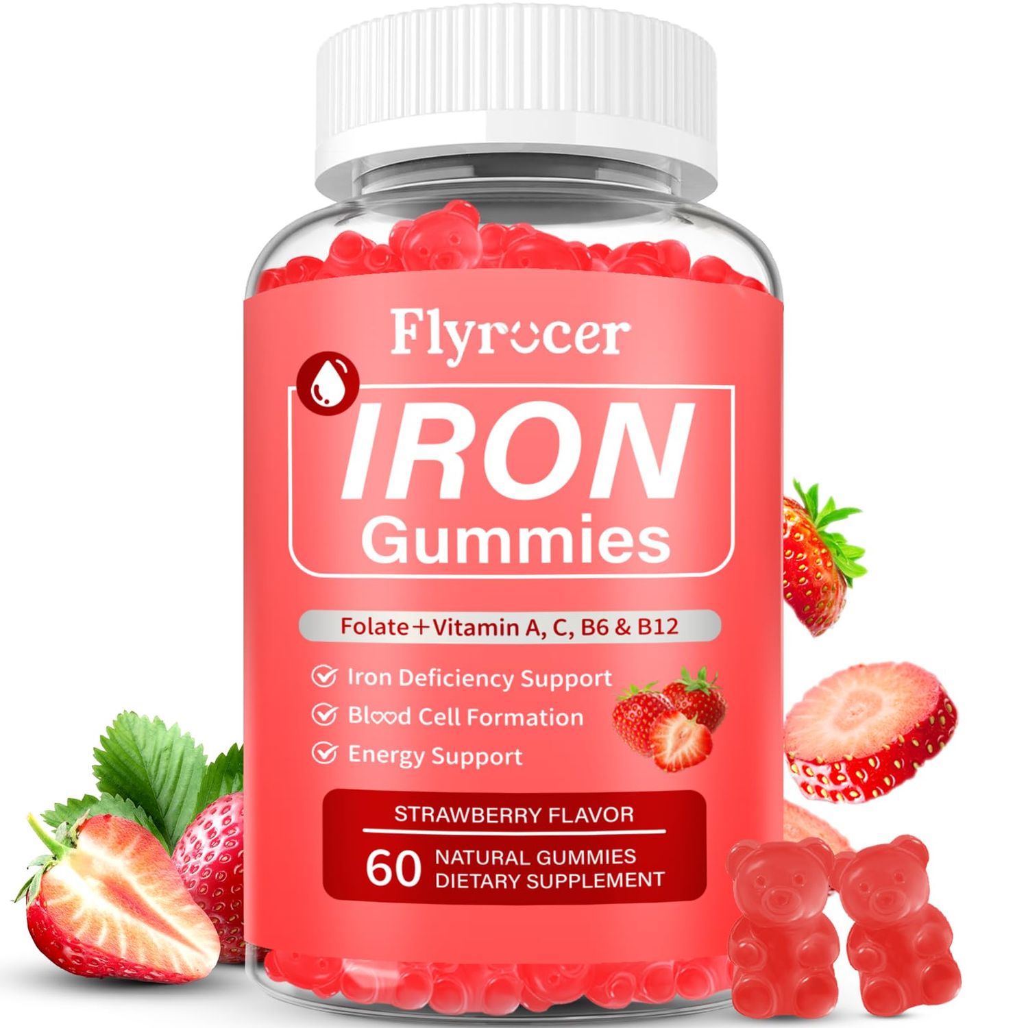 Iron Gummies for Men and Women, Energize, Combat Fatigue, Support Anemia Recovery. Packed with Iron, Folate, Vitamin C, in Vegan Strawberry Flavor, 60 Gummies