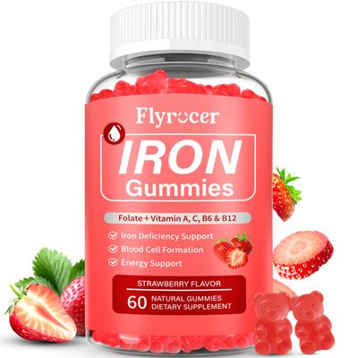 Iron Gummies for Men and Women, Energize, Combat Fatigue, Support Anemia Recovery. Packed with Iron, Folate, Vitamin C, in Vegan Strawberry Flavor, 60 Gummies