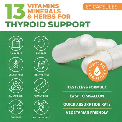 Thyroid Support for Women and Men with Iodine - Energy, Focus Power Thyroid Supplement - All Natural Herbal Mineral and Vitamin Complex with B12, Zinc, Selenium, Ashwagandha - 60 Vegetarian Capsules