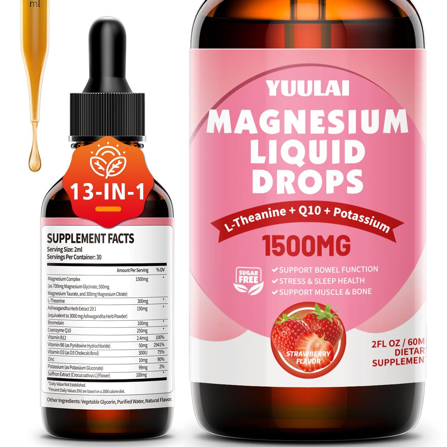 Magnesium Glycinate Liquid, 1500mg Magnesium Liquid Supplement with Vitamin B6, D3, L - Theanine, Q10 to Support Night, Muscle Bone, Strawberry, 2 Fl Oz