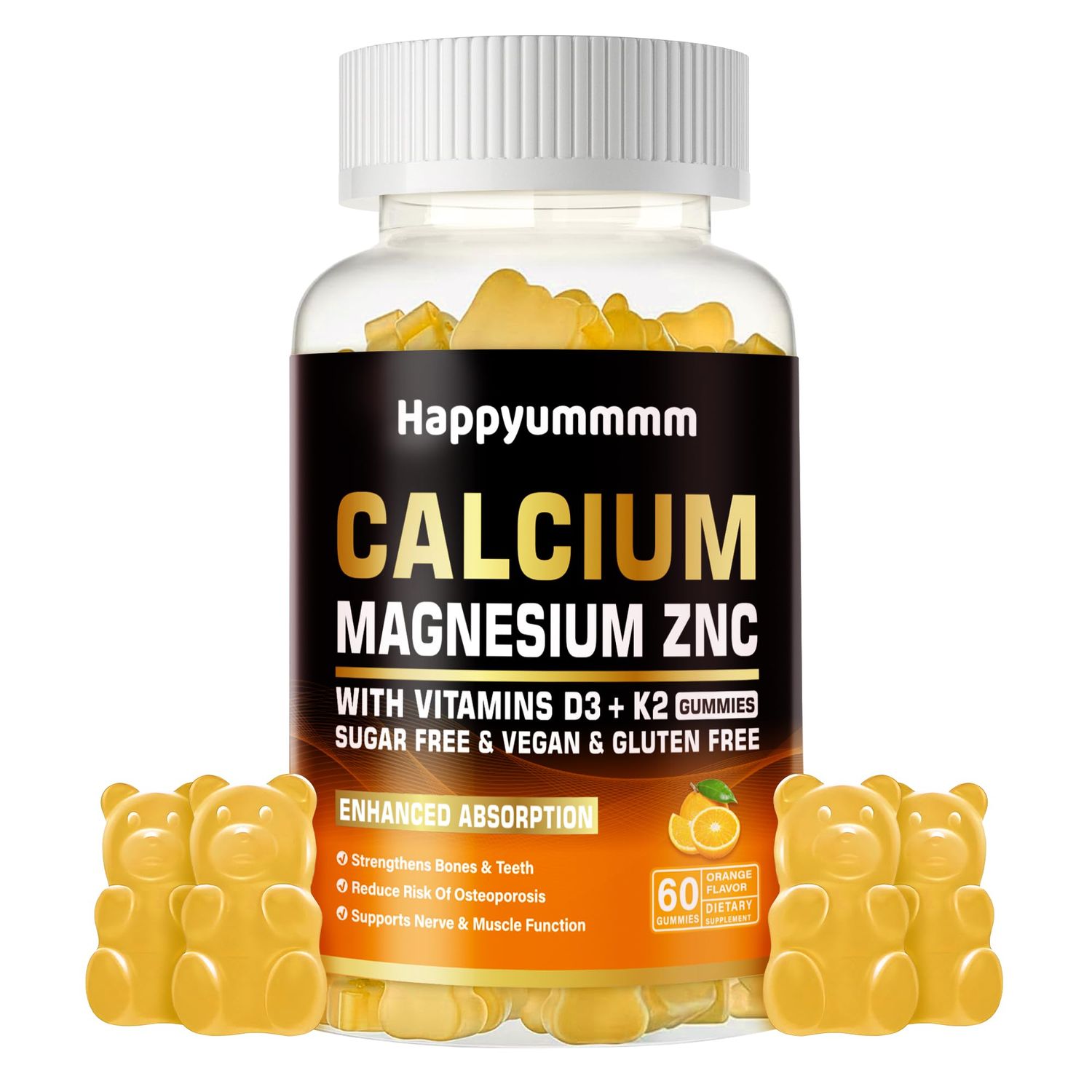 Calcium Magnesium Zinc Gummies with Vitamin D3 K2 - High Potency Enhanced Absorption -60 Orange Gummies Flavored.