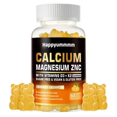 Calcium Magnesium Zinc Gummies with Vitamin D3 K2 - High Potency Enhanced Absorption -60 Orange Gummies Flavored.