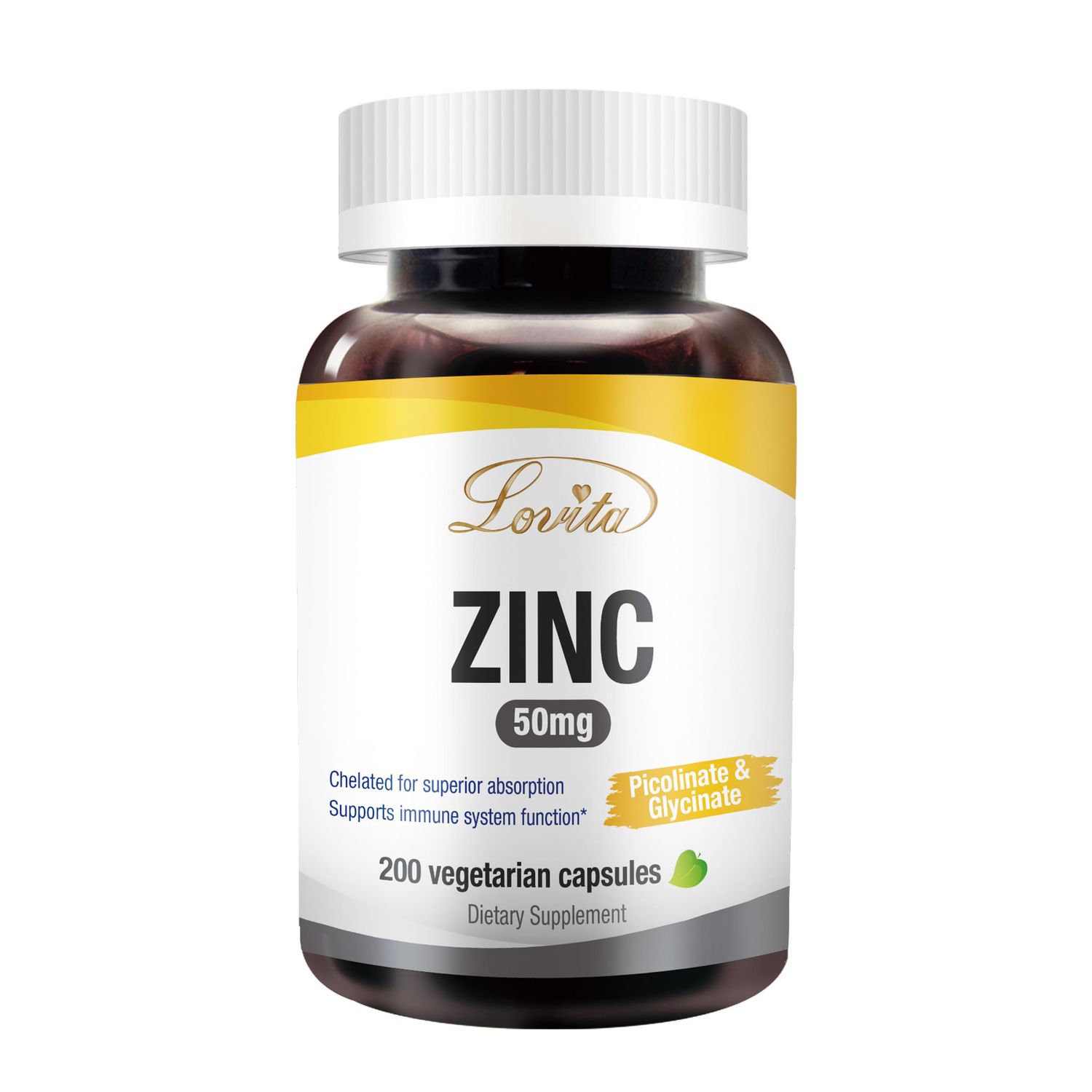 Lovita Zinc 50mg Potent Highly-Absorbed Chelated Zinc Supplements, Picolinate Bisglycinate Vegan, Gluten Free, Non-GMO for Immune, Antioxidant Support Healthy Skin 200 Capsules