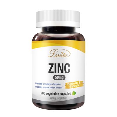 Lovita Zinc 50mg Potent Highly-Absorbed Chelated Zinc Supplements, Picolinate Bisglycinate Vegan, Gluten Free, Non-GMO for Immune, Antioxidant Support Healthy Skin 200 Capsules
