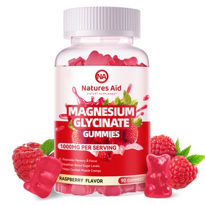 Magnesium Glycinate Gummies 1000mg - Sugar Free Magnesium Potassium Supplement with Vitamin D, B6, CoQ10 for Calm Mood Sleep Support - 90 Raspberry Gummies.