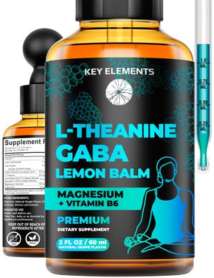 KEY ELEMENTS Liquid GABA with L Theanine Supplement GABA 500mg and L Theanine 200mg L-Theanine and GABA Supplements with Lemon Balm Extract, L-Theanine and Magnesium with Vitamin B6 GABA Drops