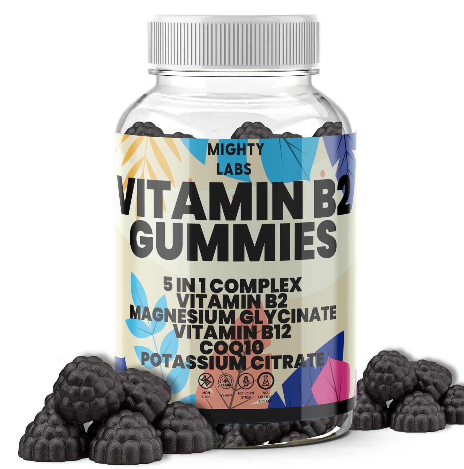 Sugar Free Vitamin B2 Gummies with CoQ10, Potassium Citrate, Magnesium Glycinate, B12 for Men, Women Heart, Energy, Muscle Support