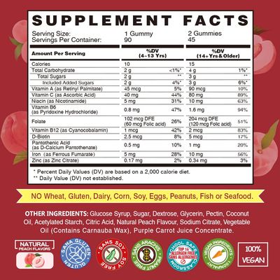 Vegan Iron Gummies Supplement - with Vitamin C, A, B-Complex, Folate, Zinc for Adults Kids - Health Blood Energy Support for Iron Deficiency, Anemia, No After Taste - Peach Flavor (90 Ct)