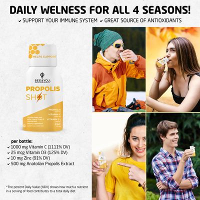 BEE and You Immune Support 100 Natural Propolis Shot Supplement, Antioxidants, Vitamin C, VIT D3, Zinc, Orange Juice, Raw Honey, 1.69 fl. oz x 12 Bottles