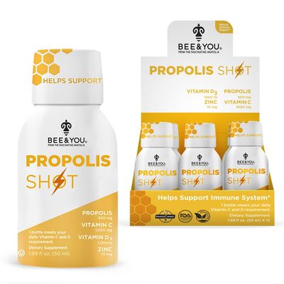 BEE and You Immune Support 100 Natural Propolis Shot Supplement, Antioxidants, Vitamin C, VIT D3, Zinc, Orange Juice, Raw Honey, 1.69 fl. oz x 12 Bottles