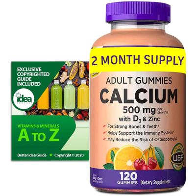 Calcium Gummies 500 mg with D3 Zinc, Bone Health, 120 Gummies (1 Pack) Bundle with Exclusive Vitamins Minerals - A to Z - Better Idea Guide