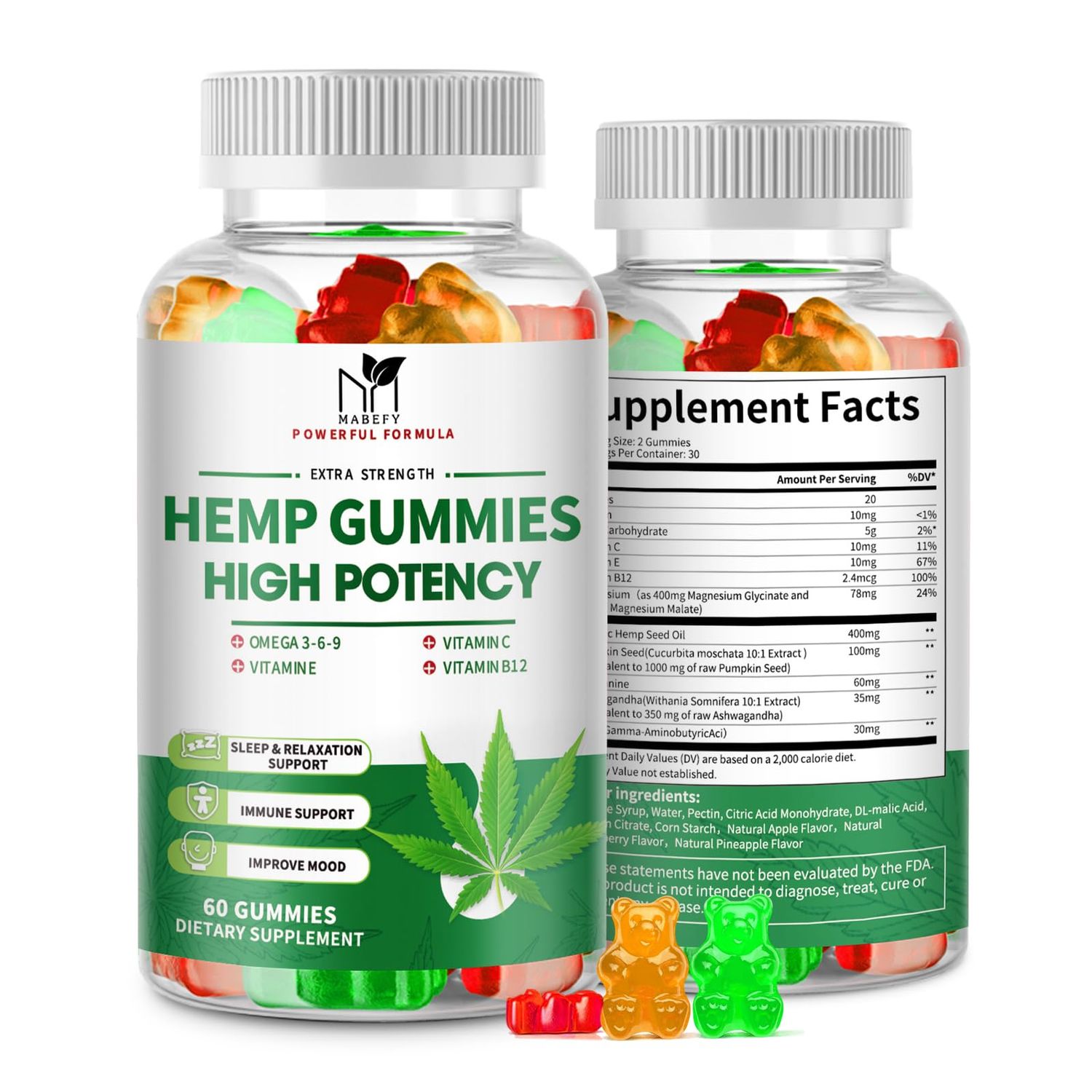 MABEFY Hemp Gummies - Extra Strength Organic Hemp Oil with Magnesium Vitamin CEB for Sleep, Pain Relaxation - Natural, High Potency Gummy, Vegan, Non-GMO Bear-Shaped Edibles (2 Packs)