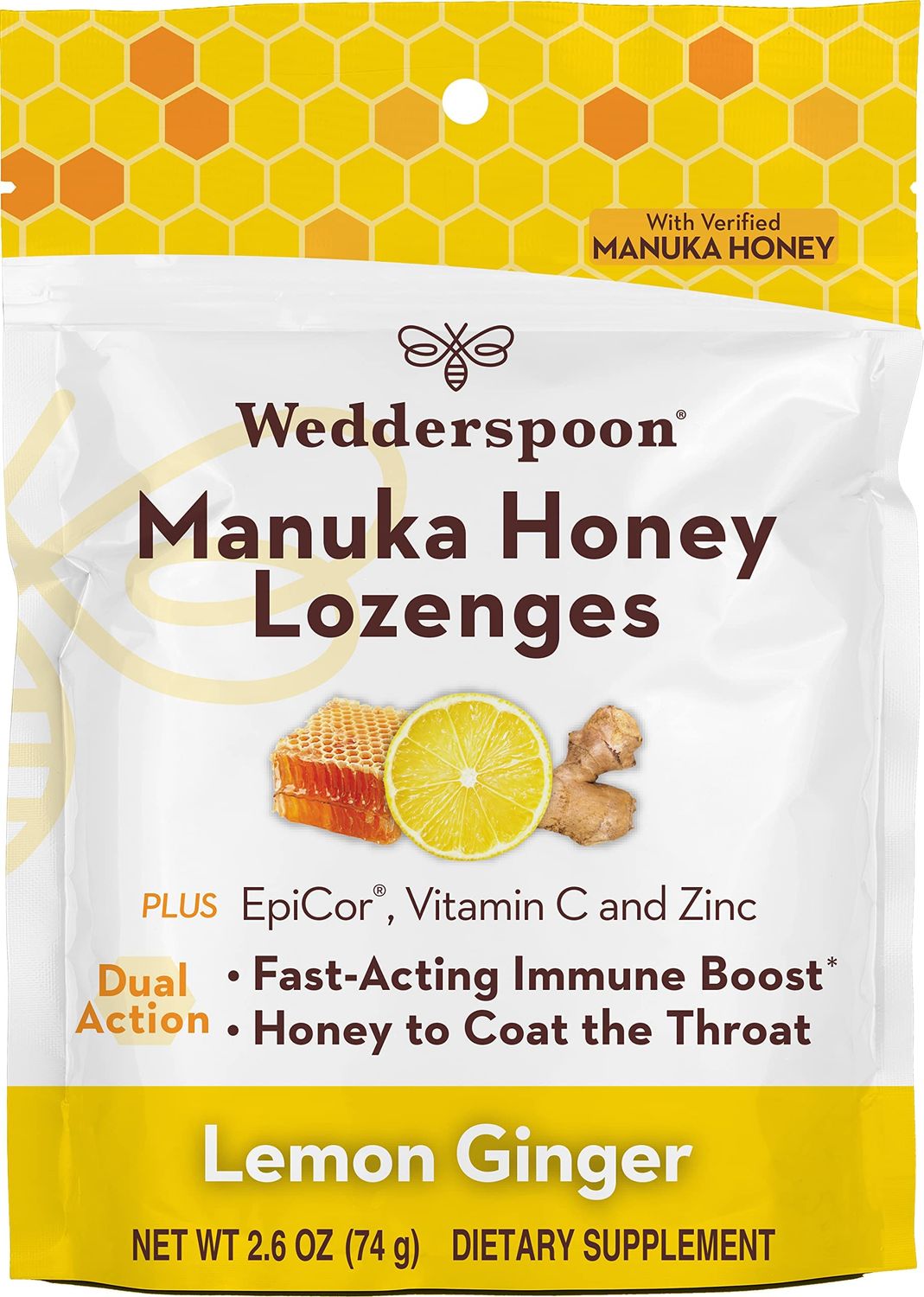 Wedderspoon Manuka Honey Immunity Lozenges with Epicor, Zinc, Vitamin C - Lemon Ginger, 2.6 Oz (Pack of 1), Boosts Immunity Within Two Hours