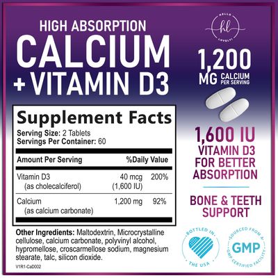 Calcium Supplements for Women 1200 mg Plus 1600 IU Vitamin D3, Bone Health, Teeth Immune Support - Mineral Supplement with Vitamin D High Absorbable Premium Calcium Carbonate - 120 Tablets