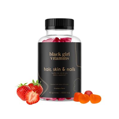 Black Girl Vitamins - Hair, Skin, and Nails Gummies with Biotin (6000 mcg), Zinc, Gelatin Free, Vitamin A, and Vitamin E - Gluten-Free. Made in The USA (Strawberry, 60 Count) 30 Day Supply